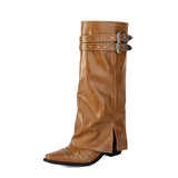 Sierra | Western-Kniestiefel mit Doppel-Schnalle & Nieten – spitze Kappe