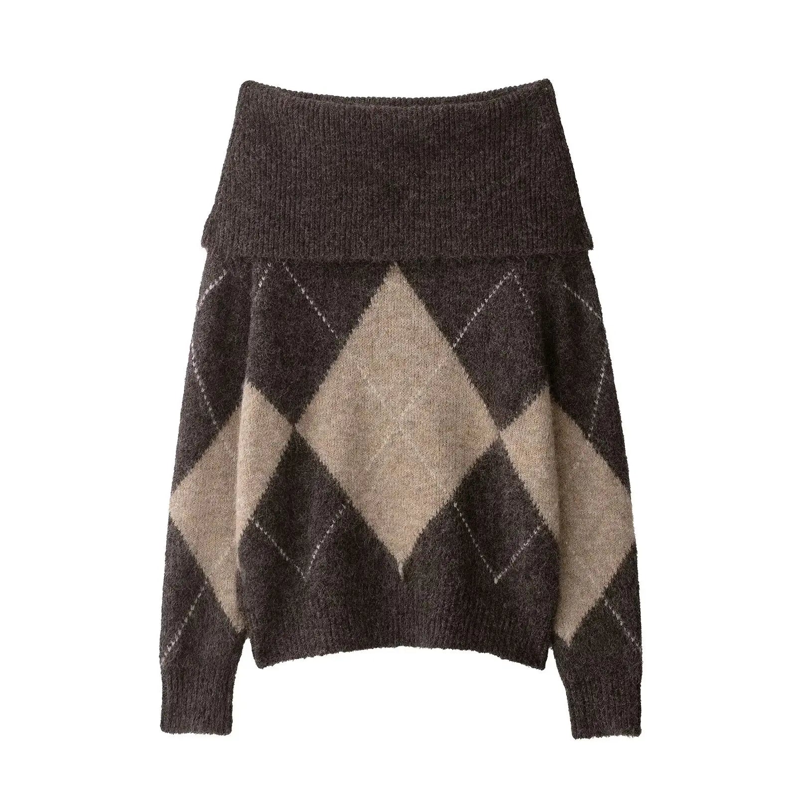 produktfoto off-shoulder pullover mit argyle muster flach gelegt