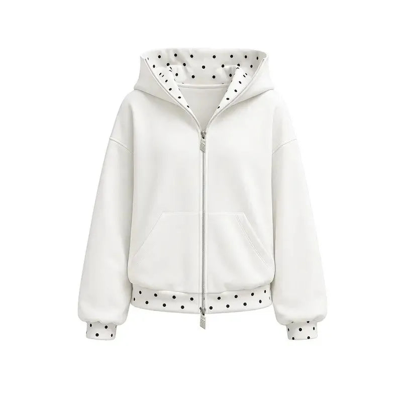 Creme Zip-Hoodie mit getupfter Kapuzen-Innenseite Produktansicht