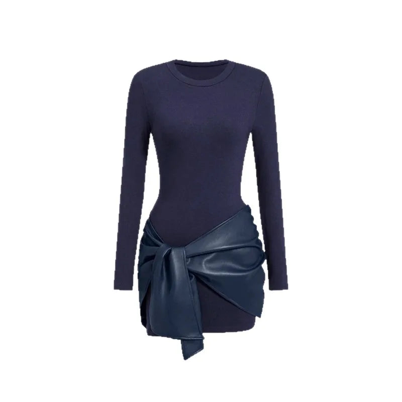 Dunkelblau Damenkleid mit langen Ärmeln und Lederoptik