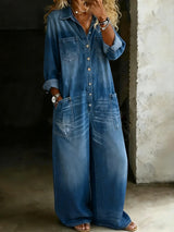 Denim-Jumpsuit Damen Blau weit mit Revers und langen Ärmeln – Romina von Talaine, Farbansicht Blau