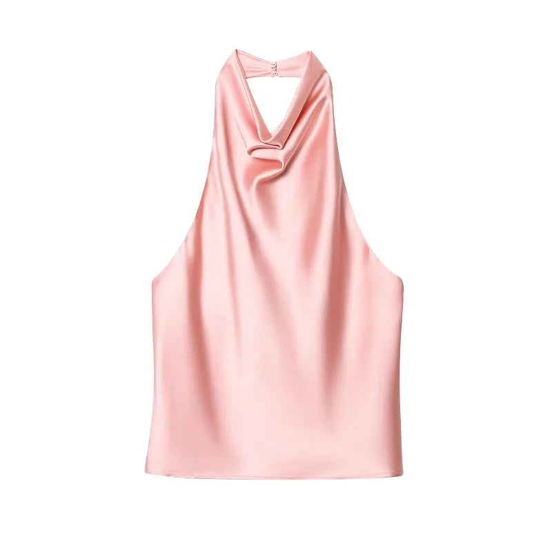 Satin Neckholder-Top Damen Rosa mit offenem Rücken – Lacey von Talaine, Farbansicht Rosa
