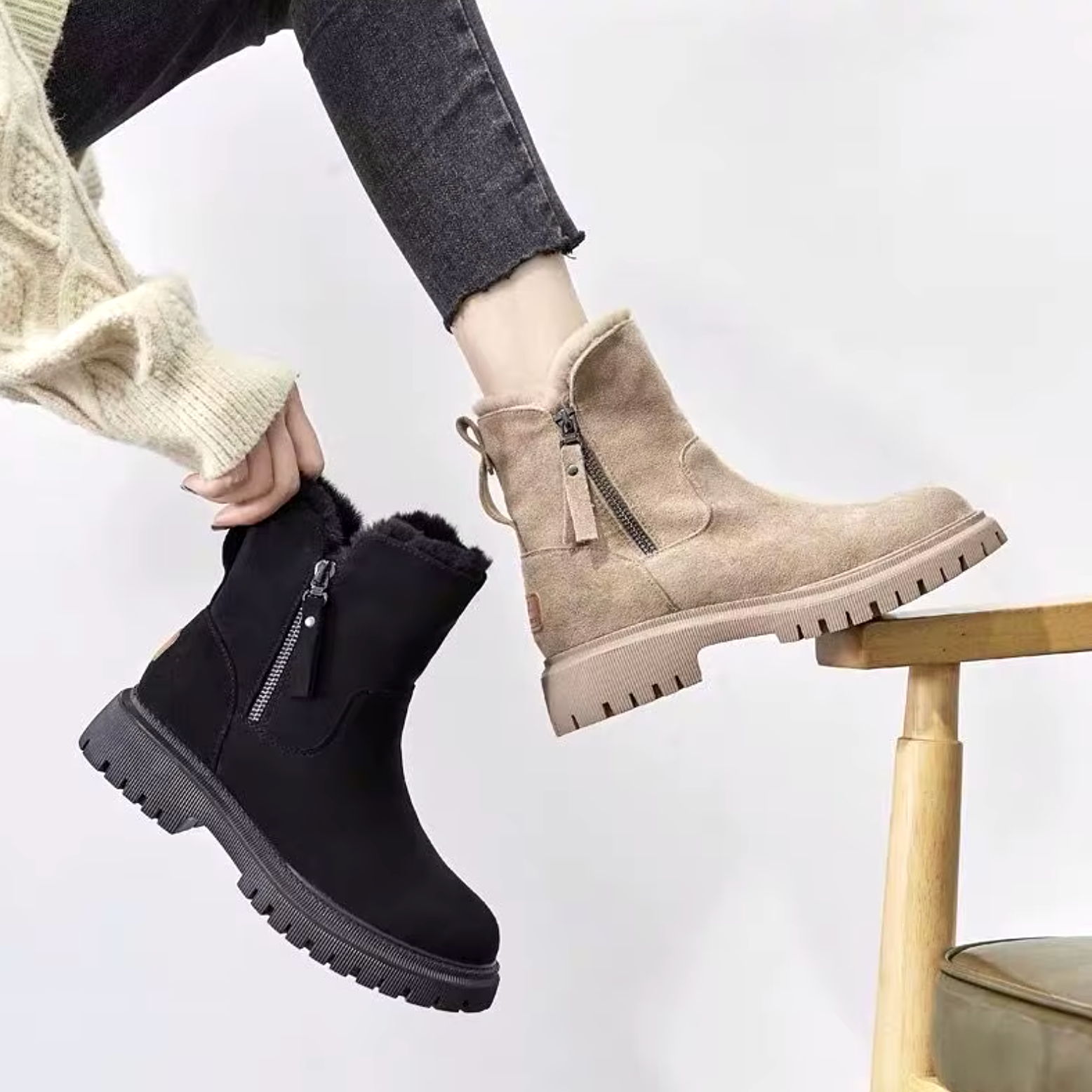 schwarze stiefeletten damen mit fellfutter und chunky sohle