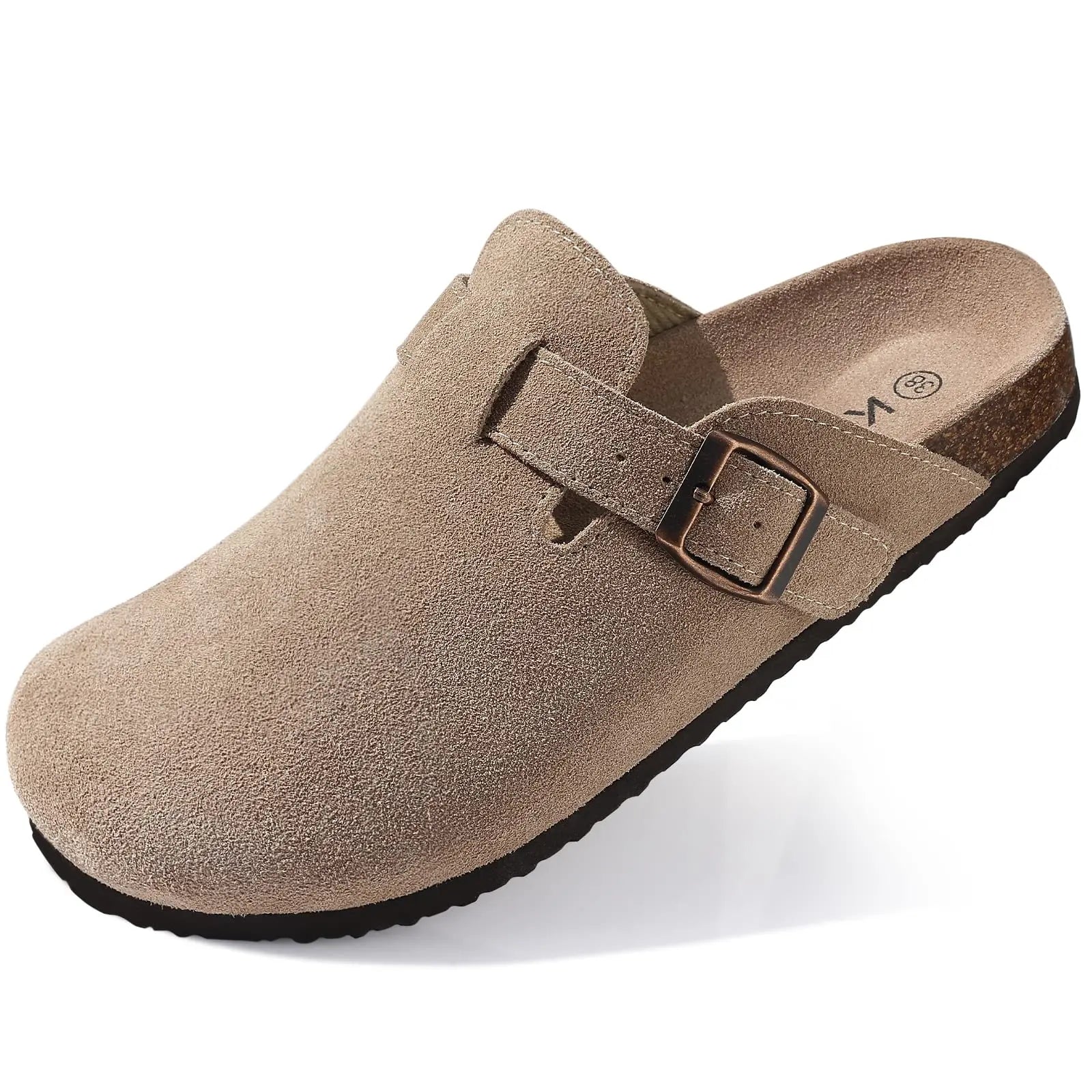 Comfort Clogs Damen Beige aus Wildleder mit Kork-Fußbett – Mavira von Talaine, am Model getragen