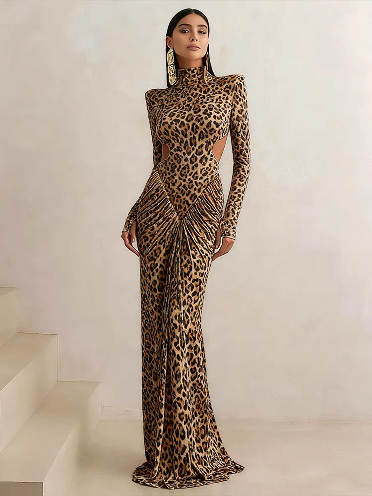 Leondra Leopard Maxikleid Damen – Cut-Out Taille, lange Ärmel, Bodycon Maxi-Abendkleid (Frontansicht)