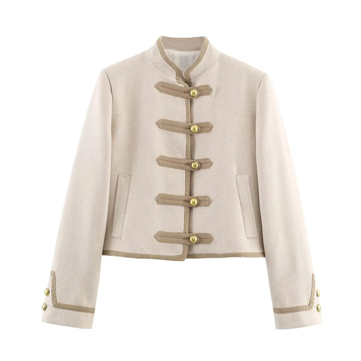 Velmira Taillierte Kurzjacke in Beige ohne Modell – Produktansicht mit Knopf-Riegeln