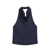 Satin Neckholder-Top Damen Marineblau mit offenem Rücken – Lacey von Talaine, Farbansicht Marineblau