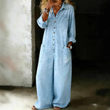 Denim-Jumpsuit Damen mit langen Ärmeln und Revers – Romina von Talaine, Seitenansicht