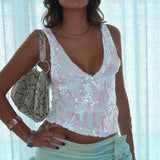 Vionetta Pailletten Top – Schimmer in Weiß-Silber Pastell