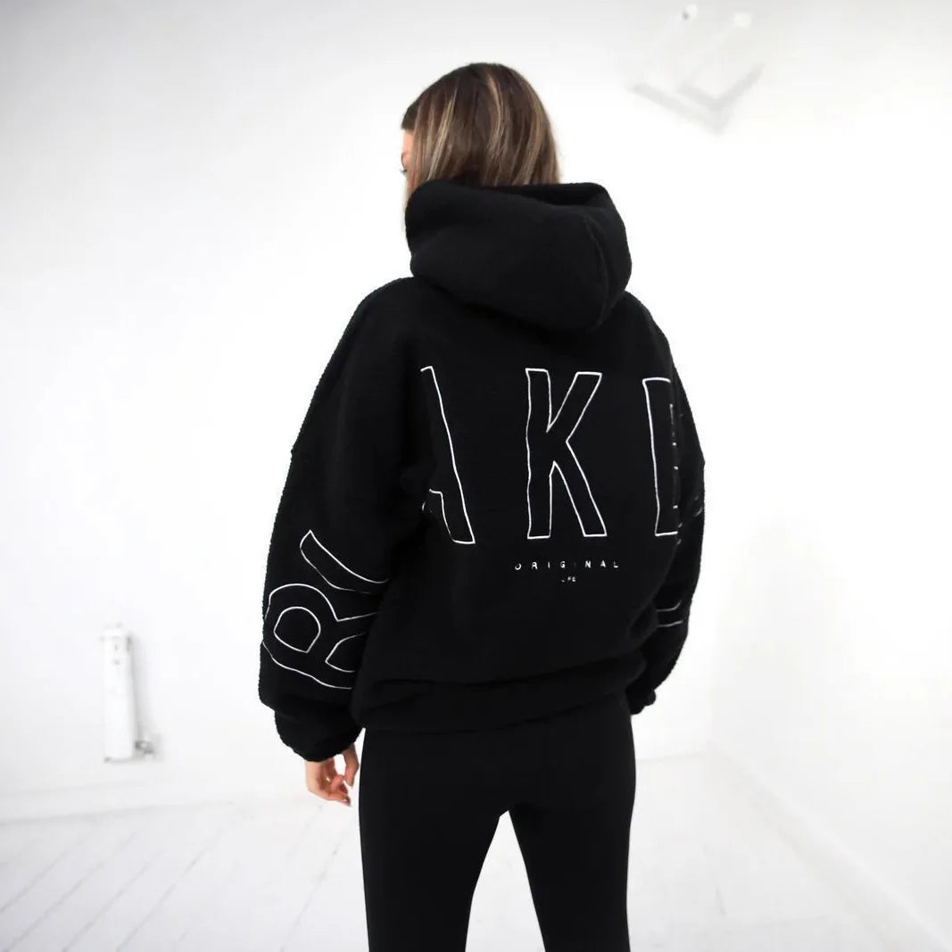 Oversize Teddy Hoodie Damen Schwarz mit Kapuze