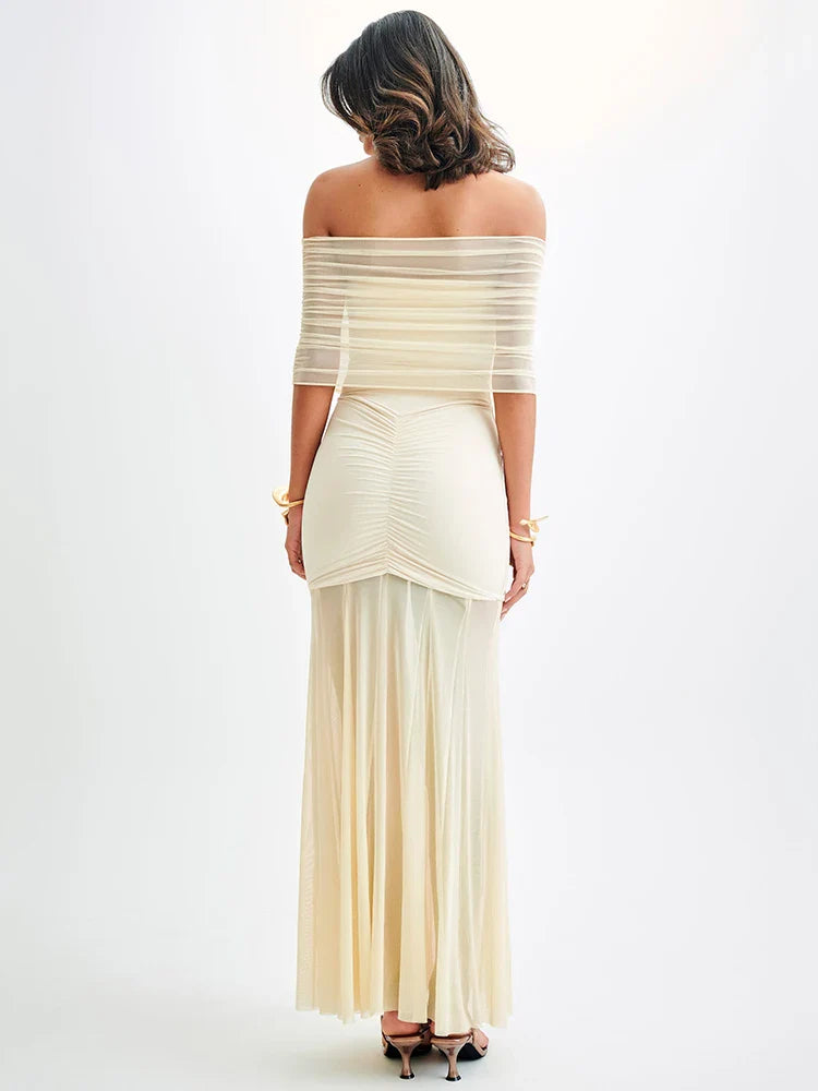 Mystique | Maxi Kleid mit Off-Shoulder Mesh & Eleganter Passform