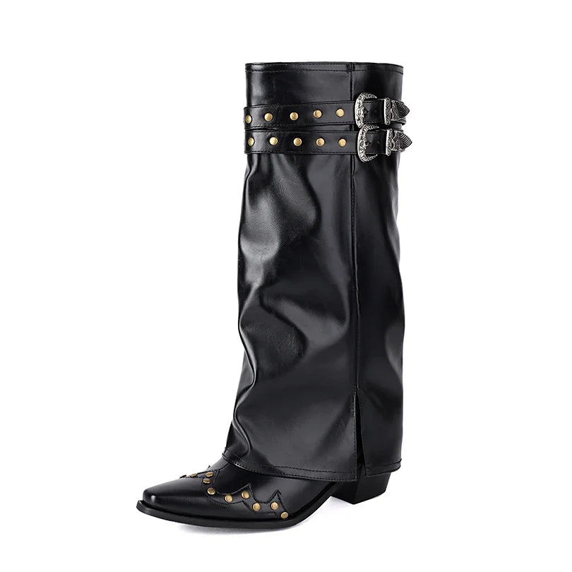 Sierra | Western-Kniestiefel mit Doppel-Schnalle & Nieten – spitze Kappe