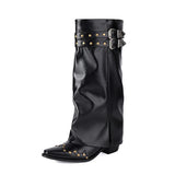 Sierra | Western-Kniestiefel mit Doppel-Schnalle & Nieten – spitze Kappe