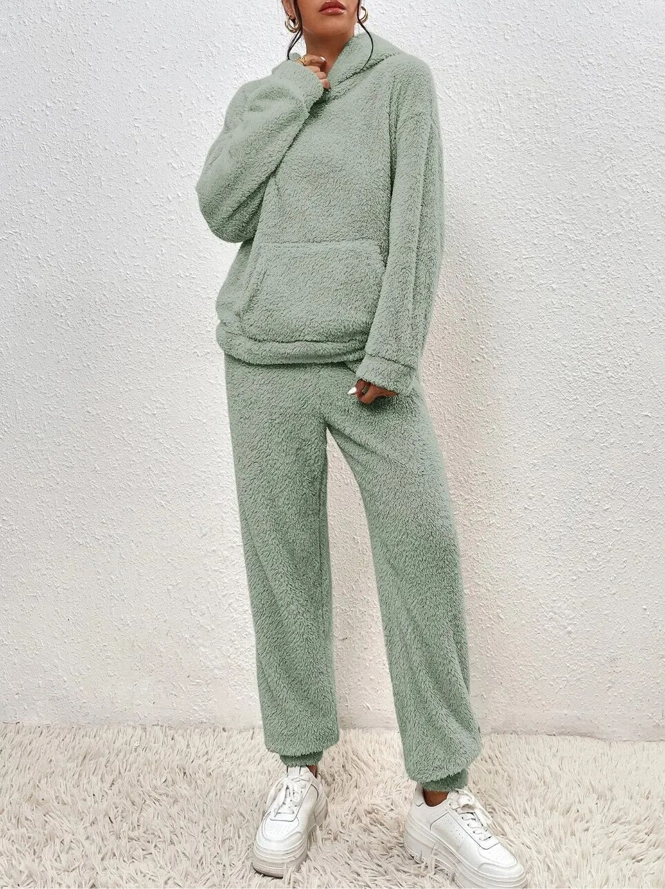 Grüner Teddy Hoodie Hausanzug Damen