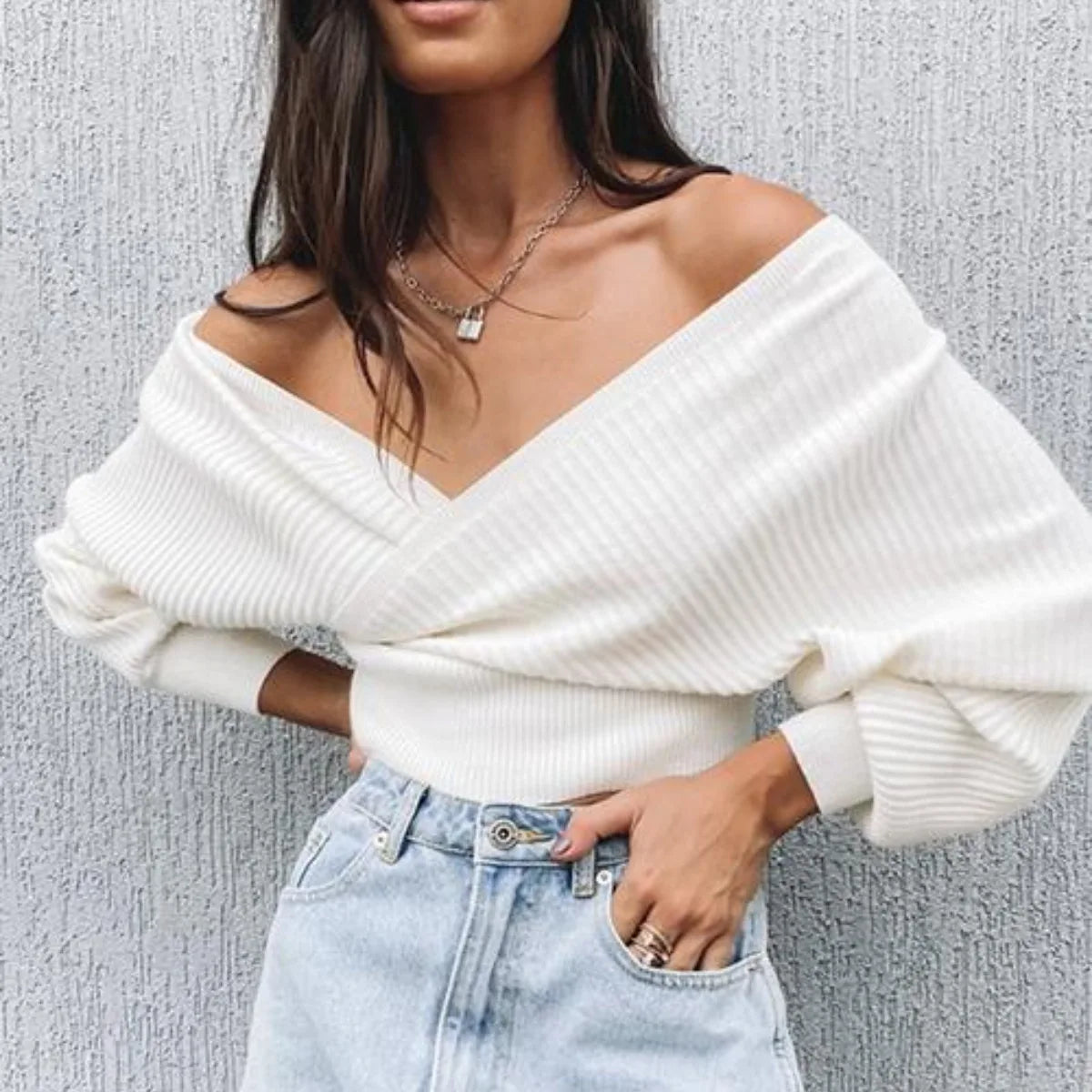 Weißer Off-Shoulder Strickpullover mit Ballonärmeln