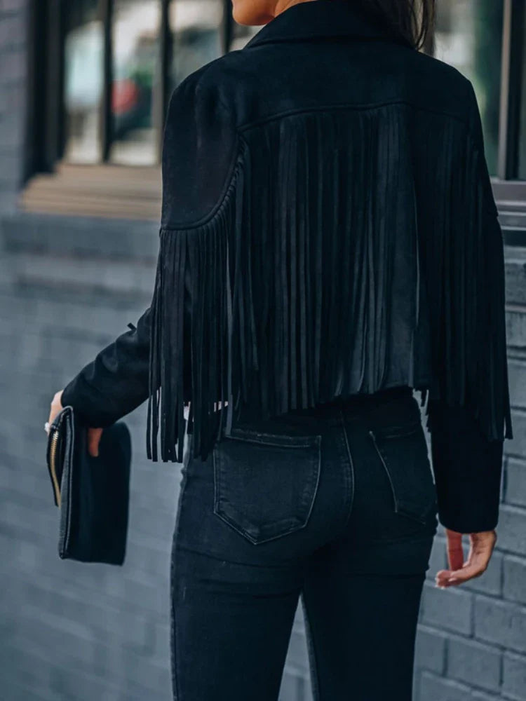 Rückansicht Fraya Fransenjacke Schwarz, cropped
