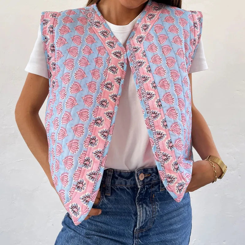 Poppy Puffer Bodywarmer mit Retro-Print für Damen – fröhlicher Blickfang