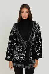 Meliora Bandana Cardigan | Warme Damen Strickjacke mit Fransen & Muster