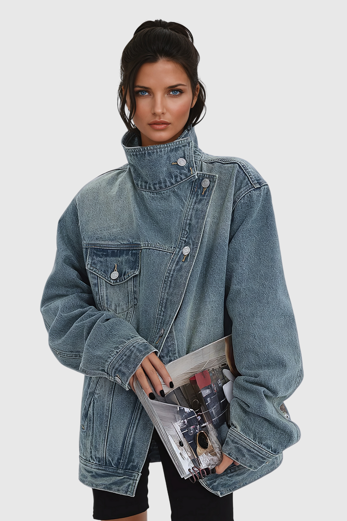 Vivid Twist Denim Jacke asymmetrisches Design von vorne
