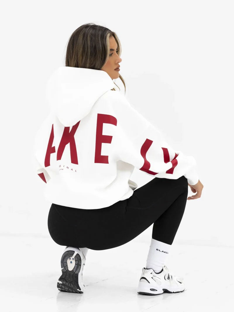 Blayen Oversized Sweatshirt Damen Weiß mit großem Rotem Backprint – Talaine