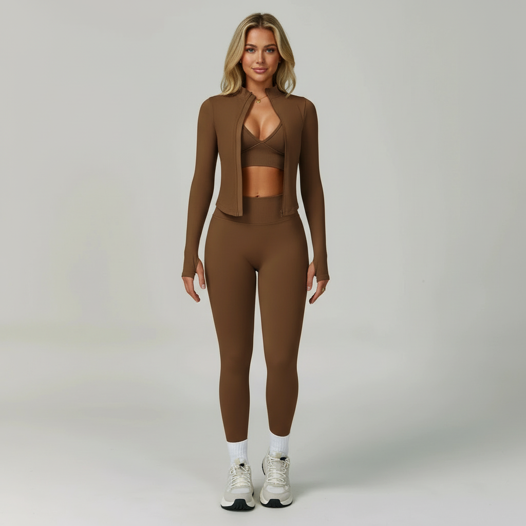 braune sportset damen mit high waist leggings und sportjacke