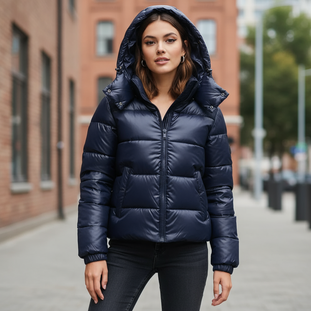 Nuvessa Damen Winterjacke mit Kapuze – glänzendes Finish in Marineblau