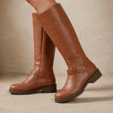 Rovena hohe Stiefel Damen in Braun – Seitenansicht mit Schnallenband