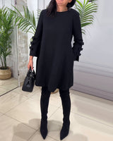 Damen Casual Kleid schwarz mit langen Ärmeln und Fransen