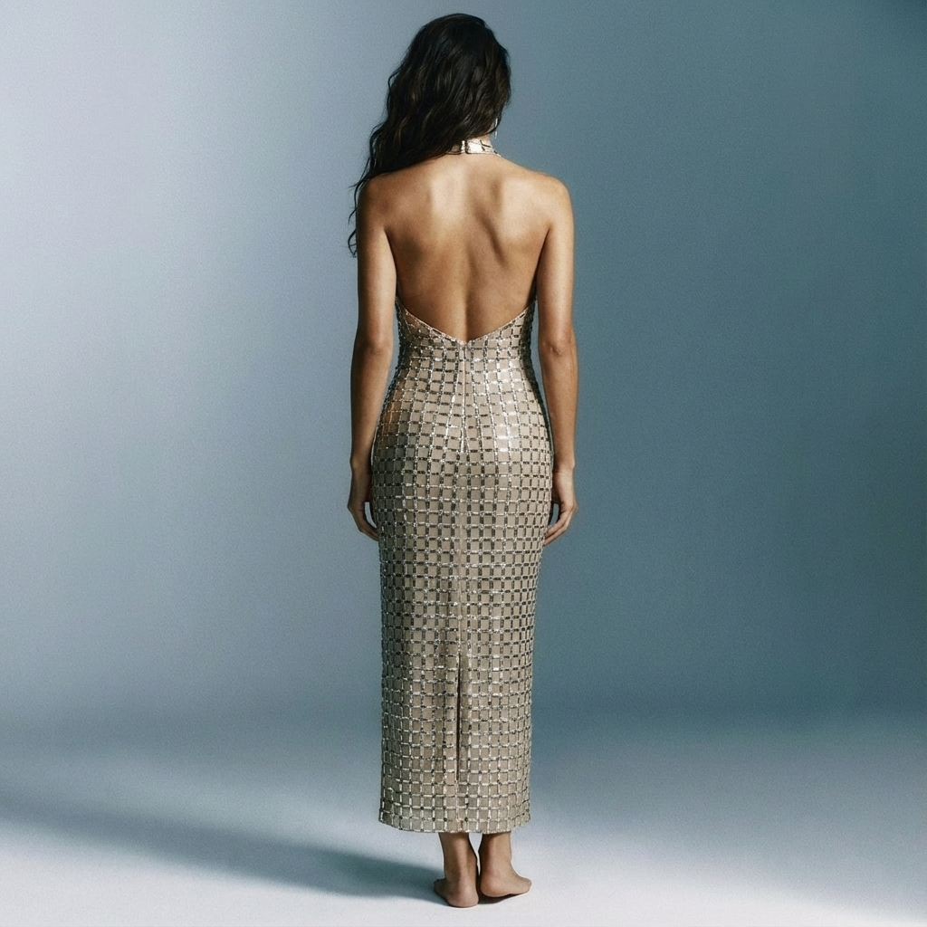 Rückansicht des Nude Maxi Kleids mit offenen Rücken