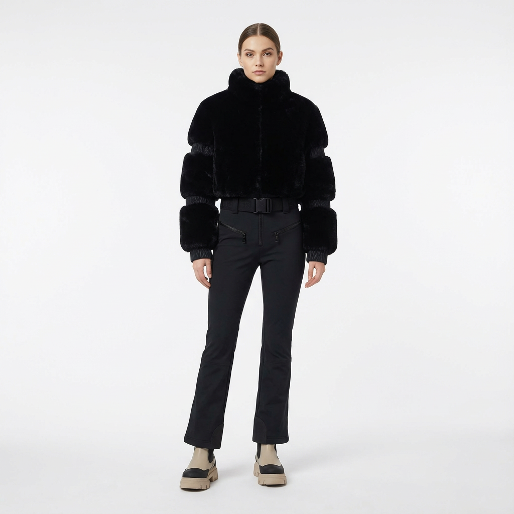 luxuriöser ski jumpsuit damen weiß mit kunstfell details