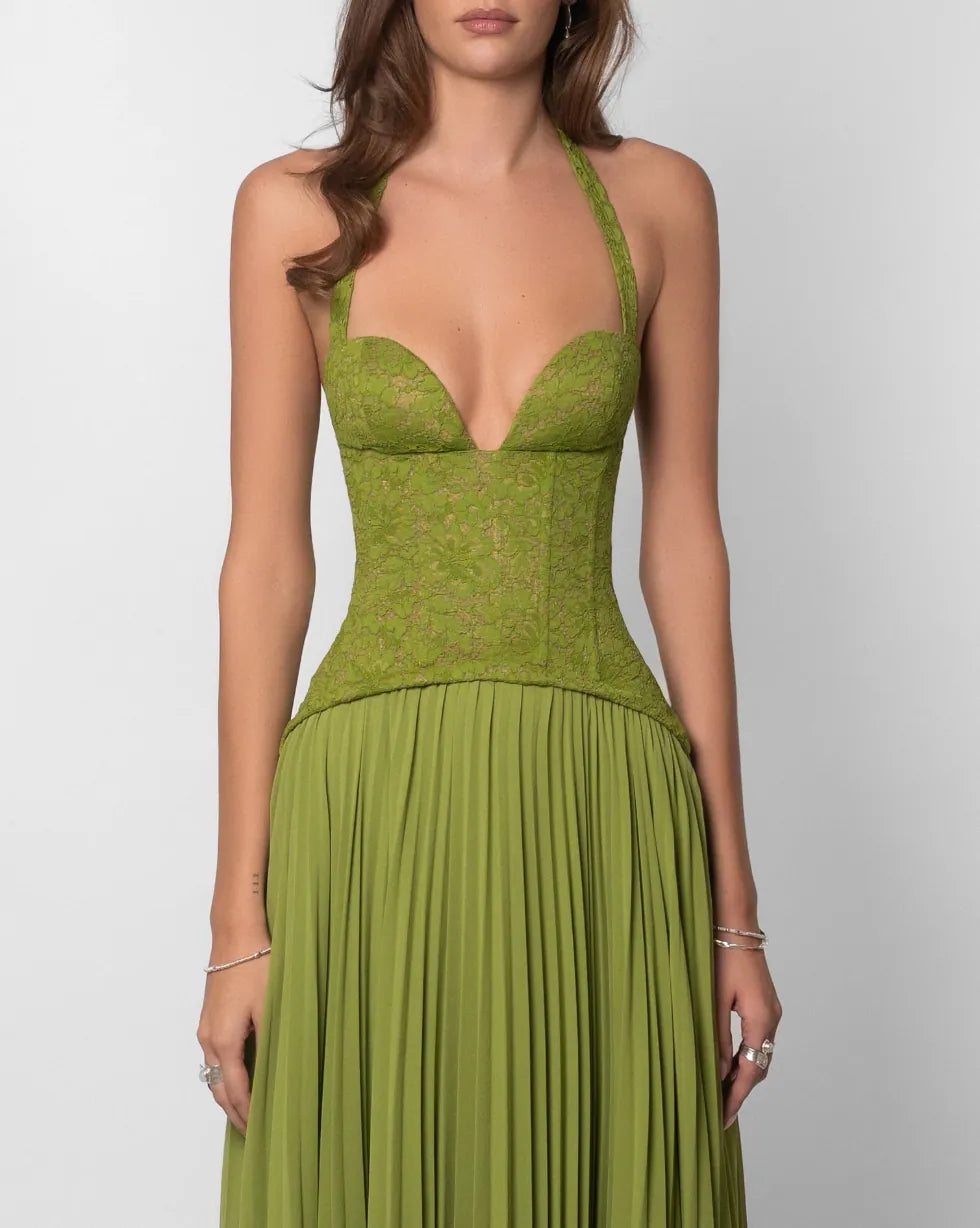 grünes abendkleid maxi mit halter ausschnitt und figurbetonter korsage