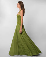 grünes maxikleid mit korsett-top und plisseerock damen seitenansicht