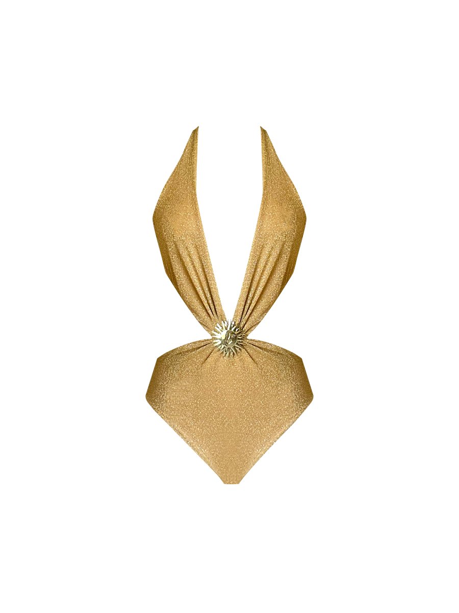 Badeanzug Damen Gold Glitzer mit Neckholder – Seraya von Talaine, seitliche Ansicht
