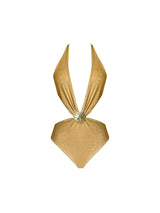 Badeanzug Damen Gold Glitzer mit Neckholder – Seraya von Talaine, seitliche Ansicht