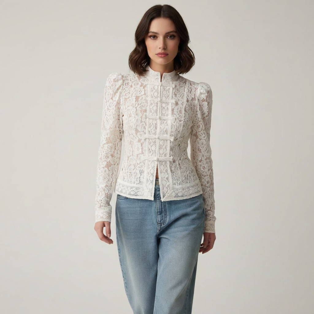 Lunéa Spitzenbluse | Elegante Bluse mit Stehkragen & femininer Silhouette