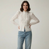 Lunéa Spitzenbluse Damen Weiß mit Stehkragen
