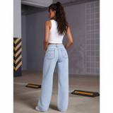 hellblaue Wide Leg Damenjeans mit High Waist und Schleifendetail auf der Gesäßtasche