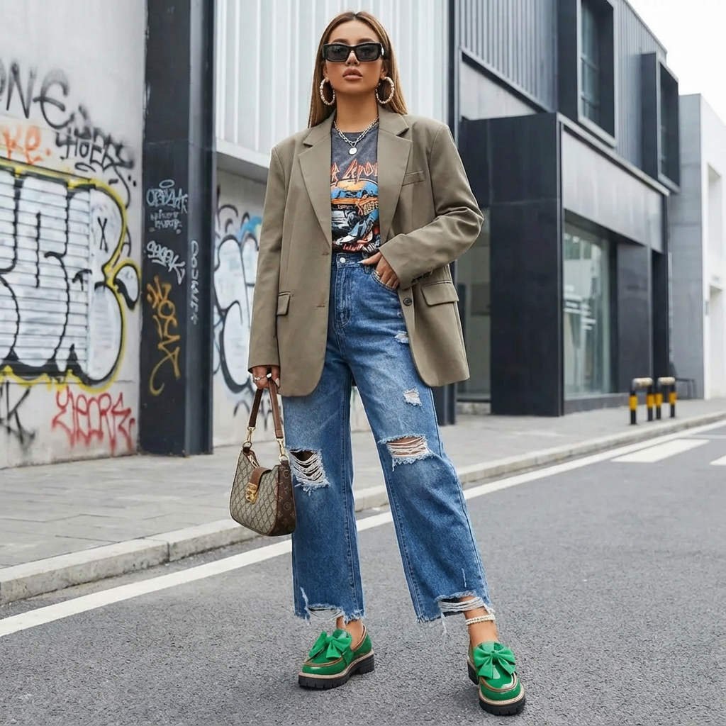 grüne Damen Loafer mit Schleife und moderner Form