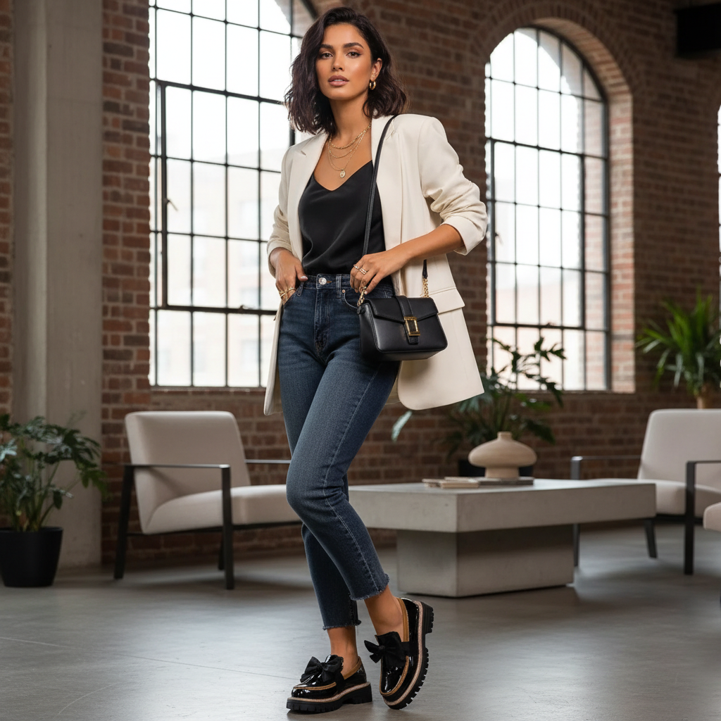 schwarze elegante Damen Loafer mit Schleife
