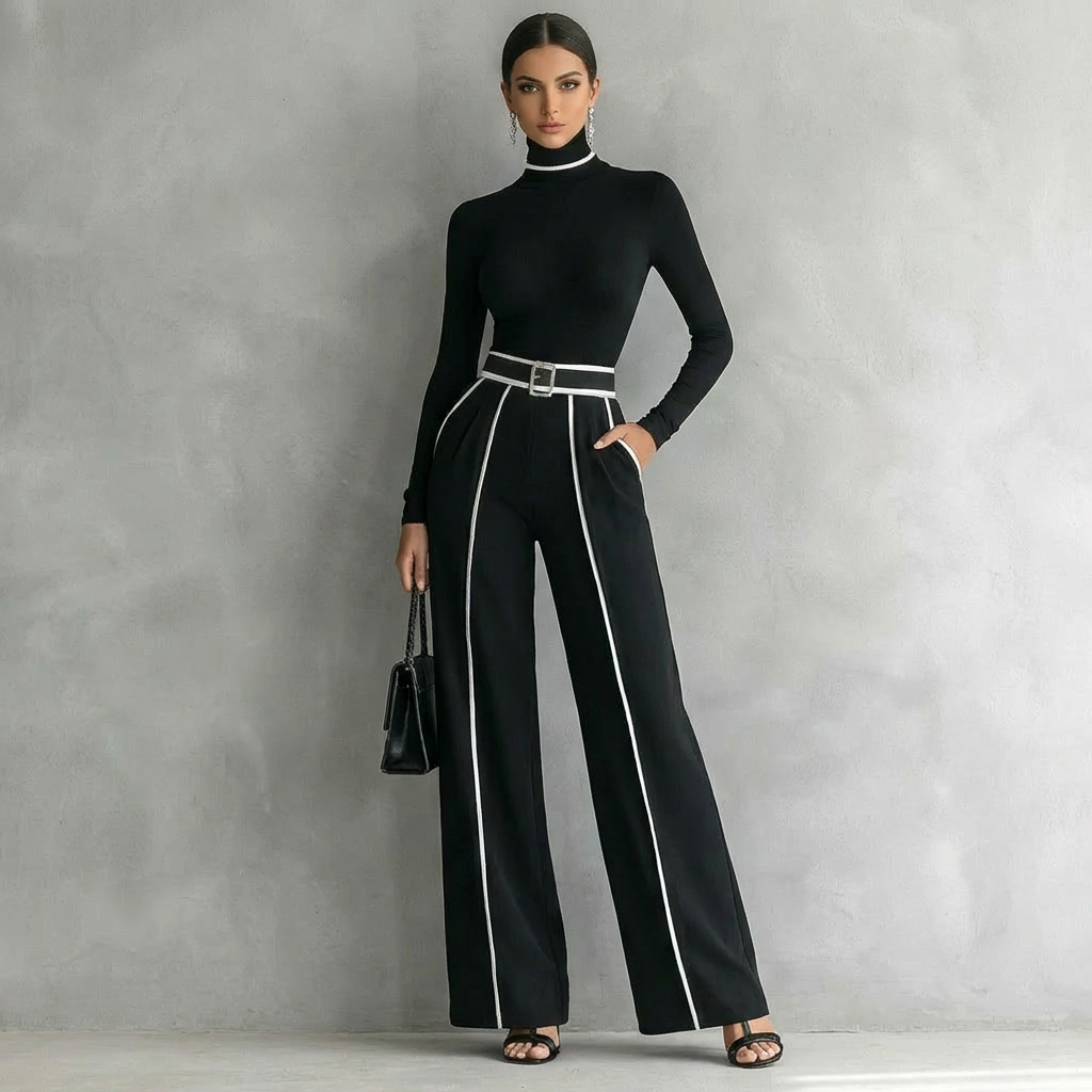 elegantes damen set rollkragenoberteil und weite hose schwarz