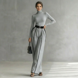 elegantes damen set rollkragenoberteil und weite hose grau