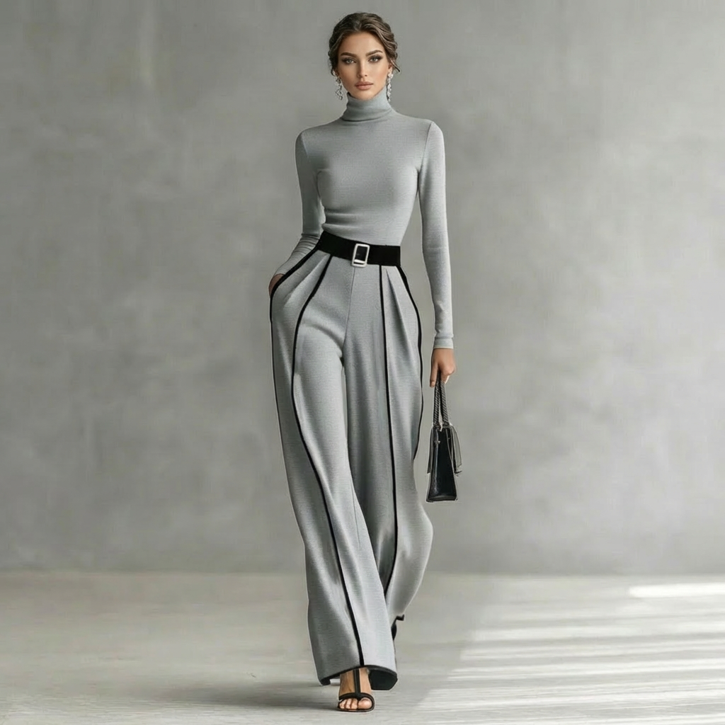 Milou Zweiteiliges Damen-Set | Rollkragenoberteil & Weite Hose mit Gürtel