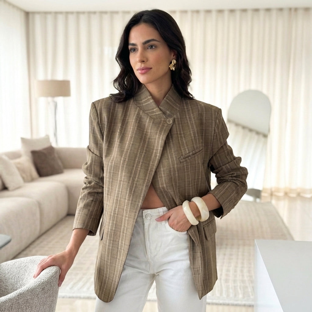Modell in Serenelle Karo-Blazer Braun – Detailansicht der strukturierten Schultern