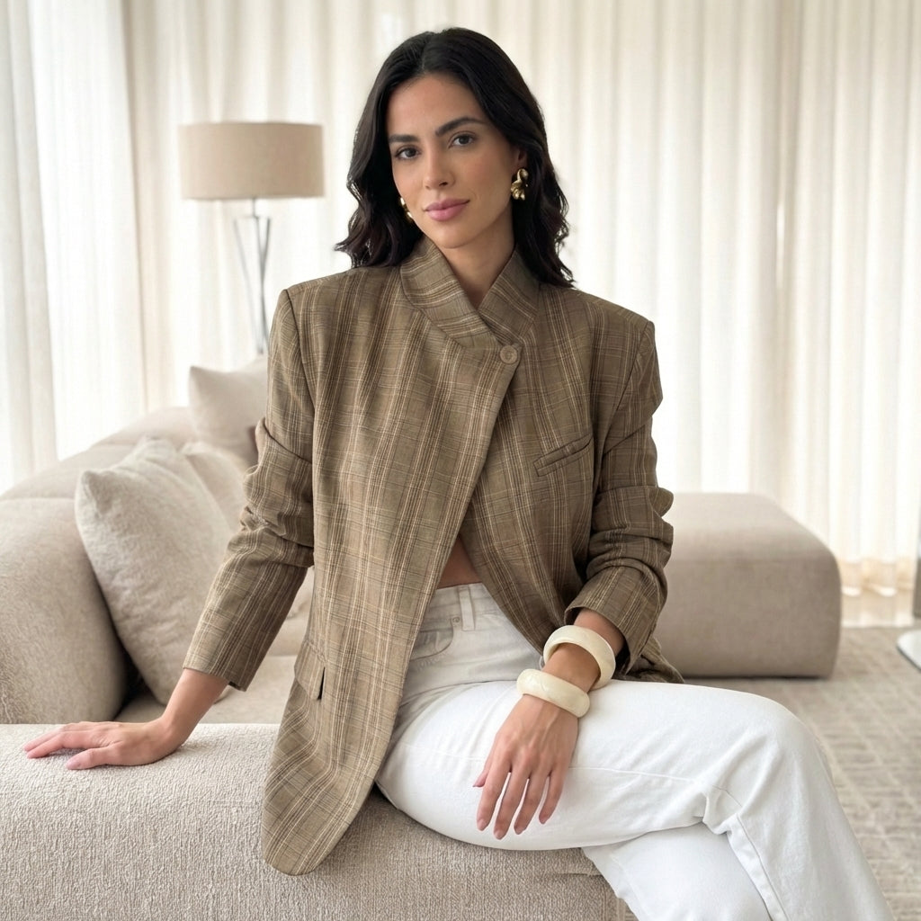 Modell in Serenelle Karo-Blazer Braun – weitere Streetstyle-Aufnahme