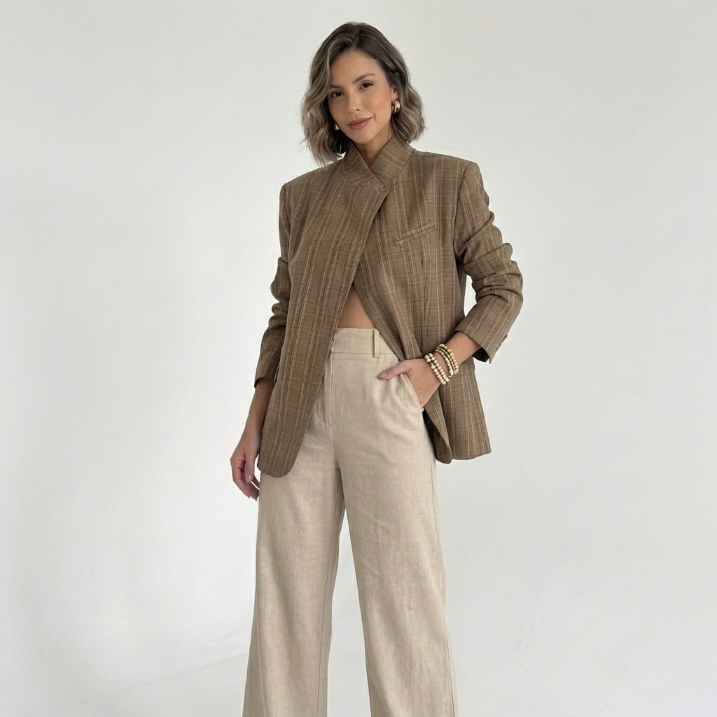 Modell trägt Serenelle Karo-Blazer in Braun mit Stehkragen, kombiniert mit Beige-Hose, eleganter Frontview