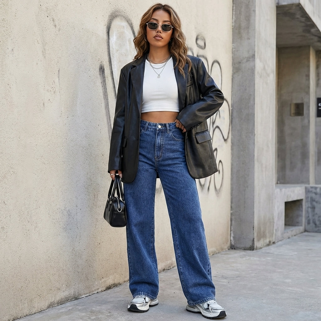 Modell trägt Lunira Wide-Leg-Jeans Dunkelblau – Detailansicht des hohen Bundes