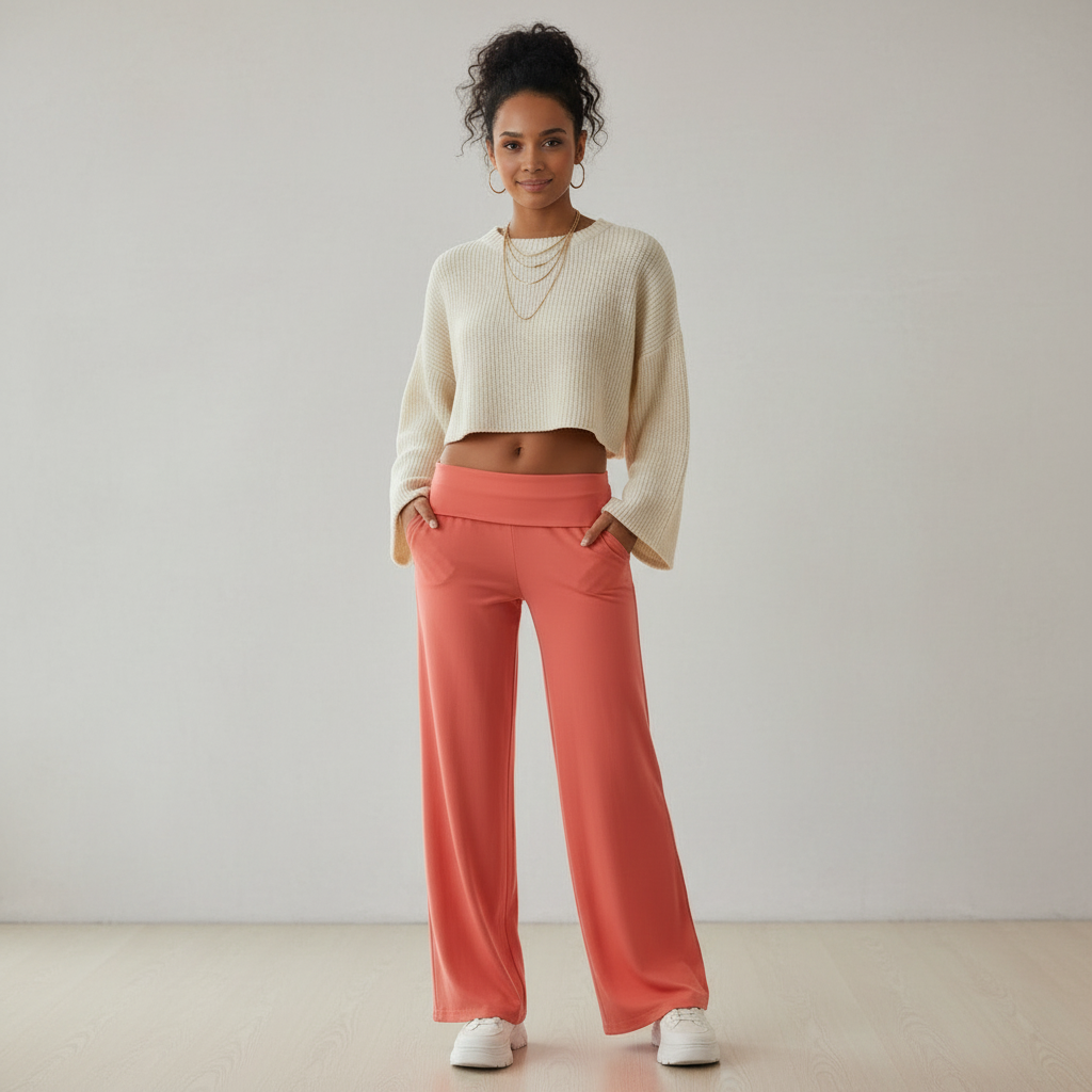 Modell in Aveline Wide-Leg-Hose Koralle und crèmefarbenem Oversized-Pullover, Casual-Streetstyle Frontansicht