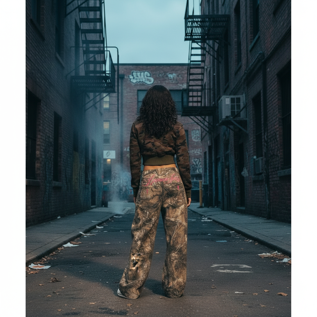 Modell in Zavelle Camouflage Jeans, Streetstyle-Rückansicht im urbanen Hinterhof mit Graffiti