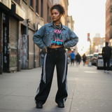 Modell trägt Nyvra Baggy Jeans in Schwarz und Denim-Jacke, urbaner Streetstyle-Look