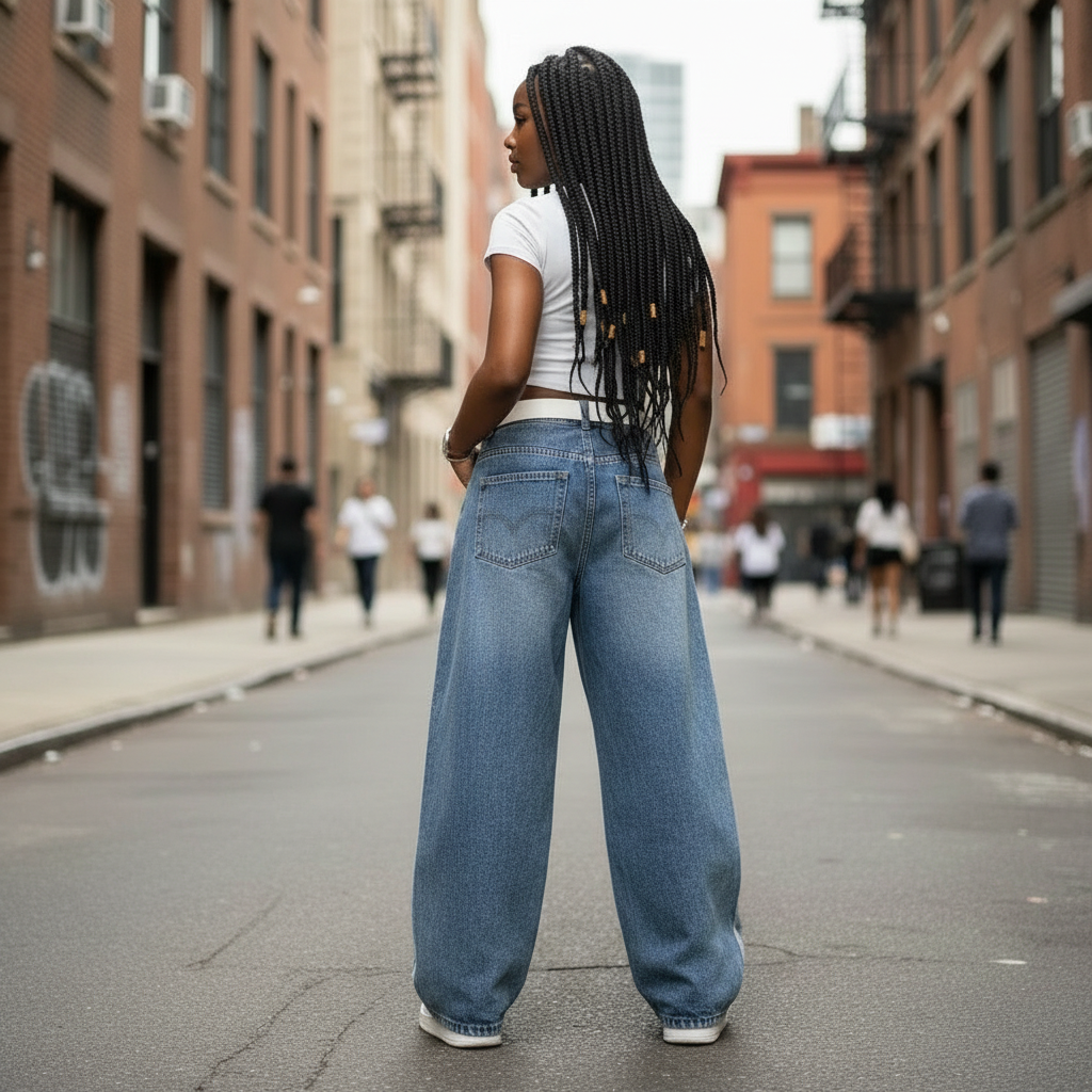 Modell trägt Nyvra Baggy Jeans in Blau, Rückansicht im urbanen Streetstyle-Setting